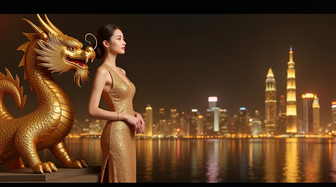 VIP casino rewards banner with Asian woman in golden dress and gold dragon statue at night city skyline